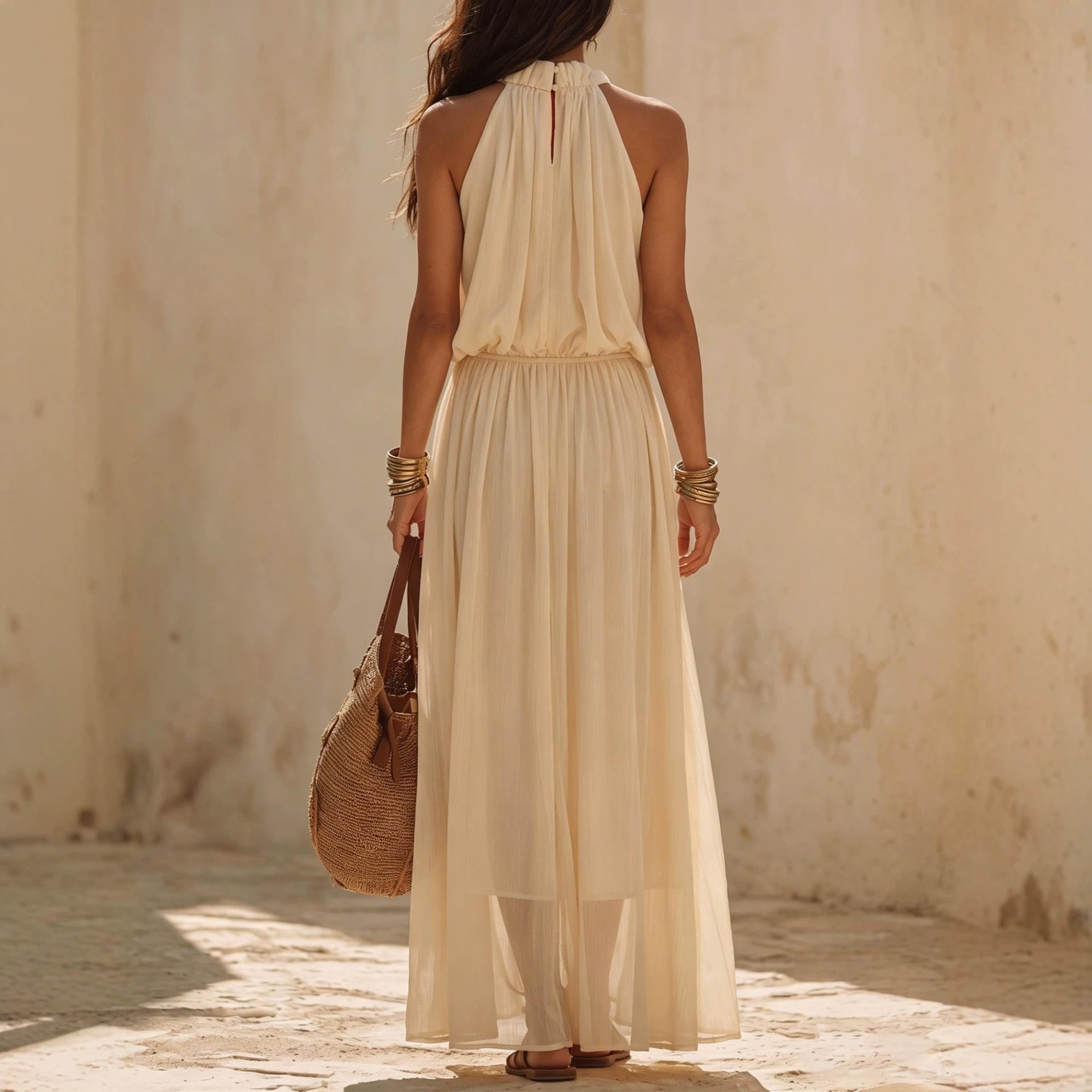 Hanging neck and waist cinching dress