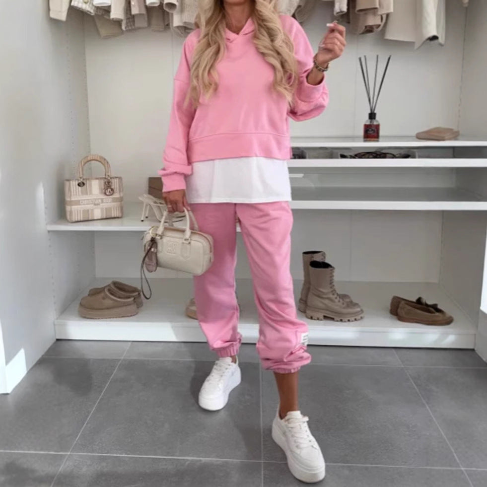 Fashionable Solid Color Casual Hooded Tracksuit Set for Women
