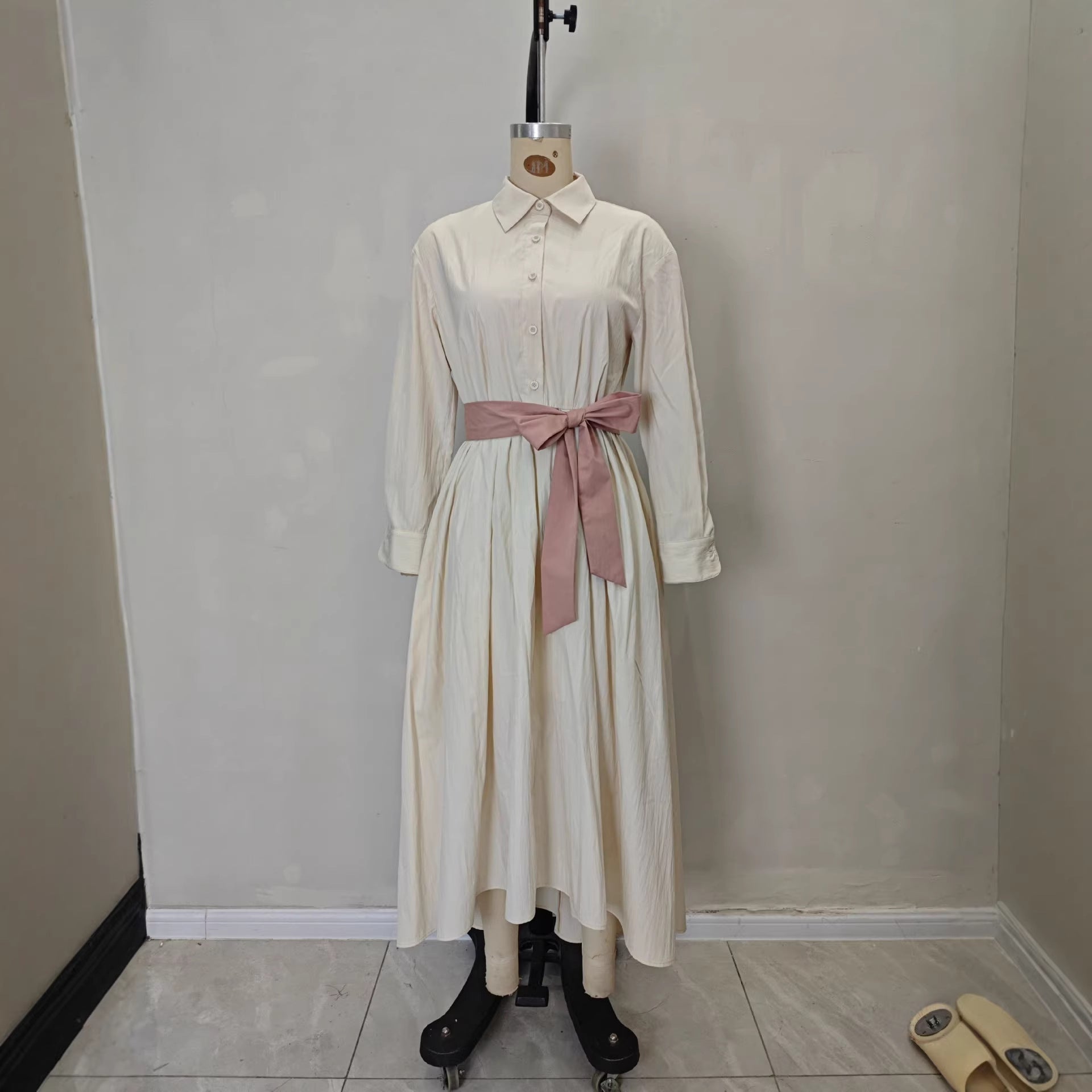 Long sleeved shirt collar solid color long skirt dress