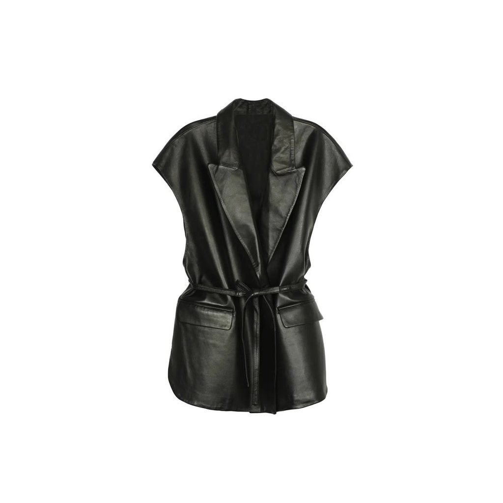Sleeveless PU leather vest women's suit collar belt vest jacket