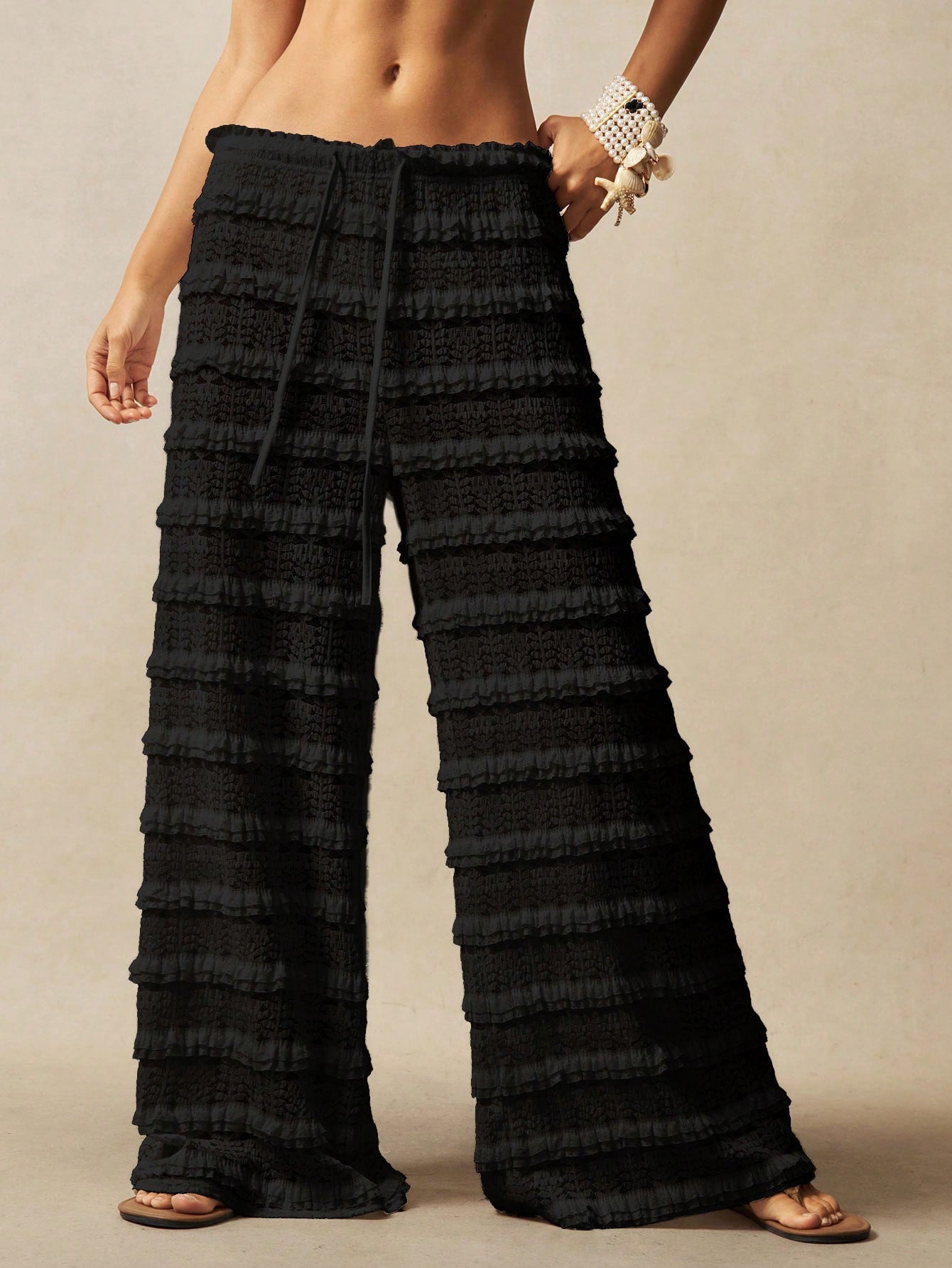 Streetwear Casual Solid Color Lace Jacquard Hollow-out Patchwork Tie-up Straight Leg Pants