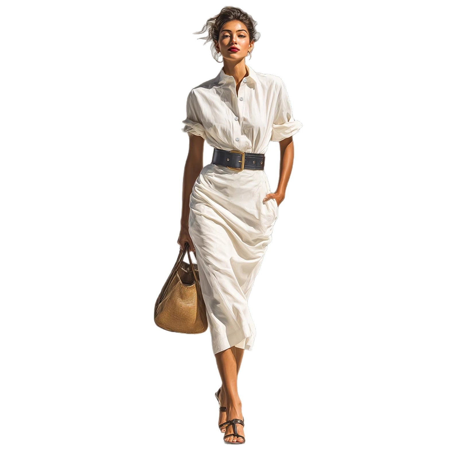Solid color waist folded shirt long dress
