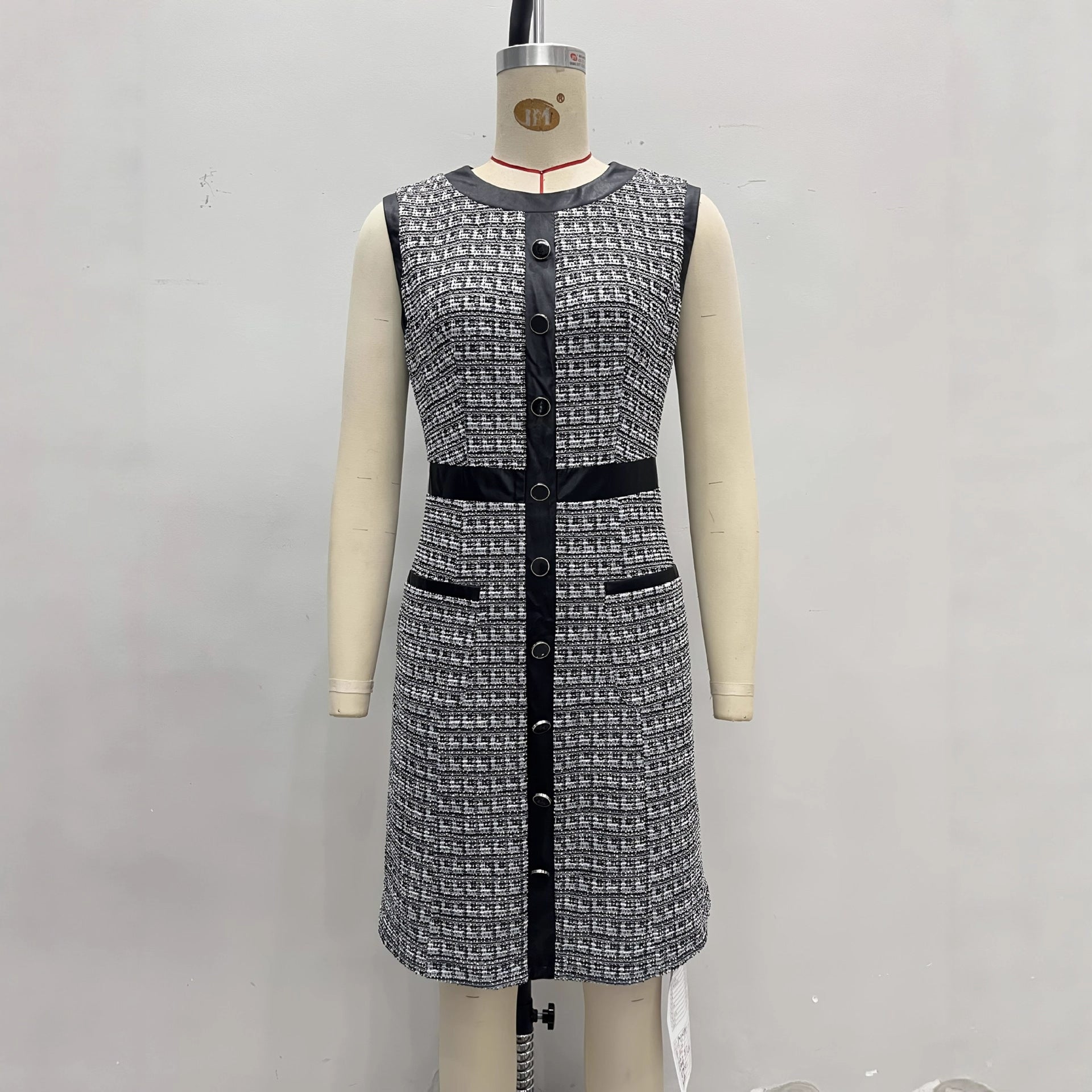 Vintage leather trimmed tweed vest A-line skirt dress