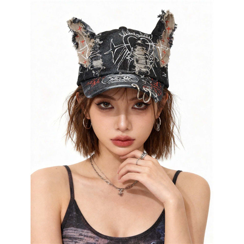 Doodle Doberman 3D Ears Baseball Cap, Japanese Streetwear Gothic Punk Style, Star Embroidered Snapback Hat for Women