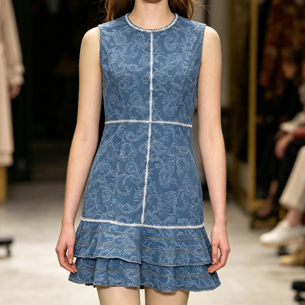 Sleeveless blue and white print element denim blue dress