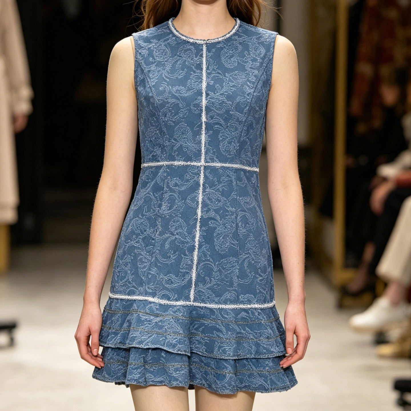 Sleeveless blue and white print element denim blue dress
