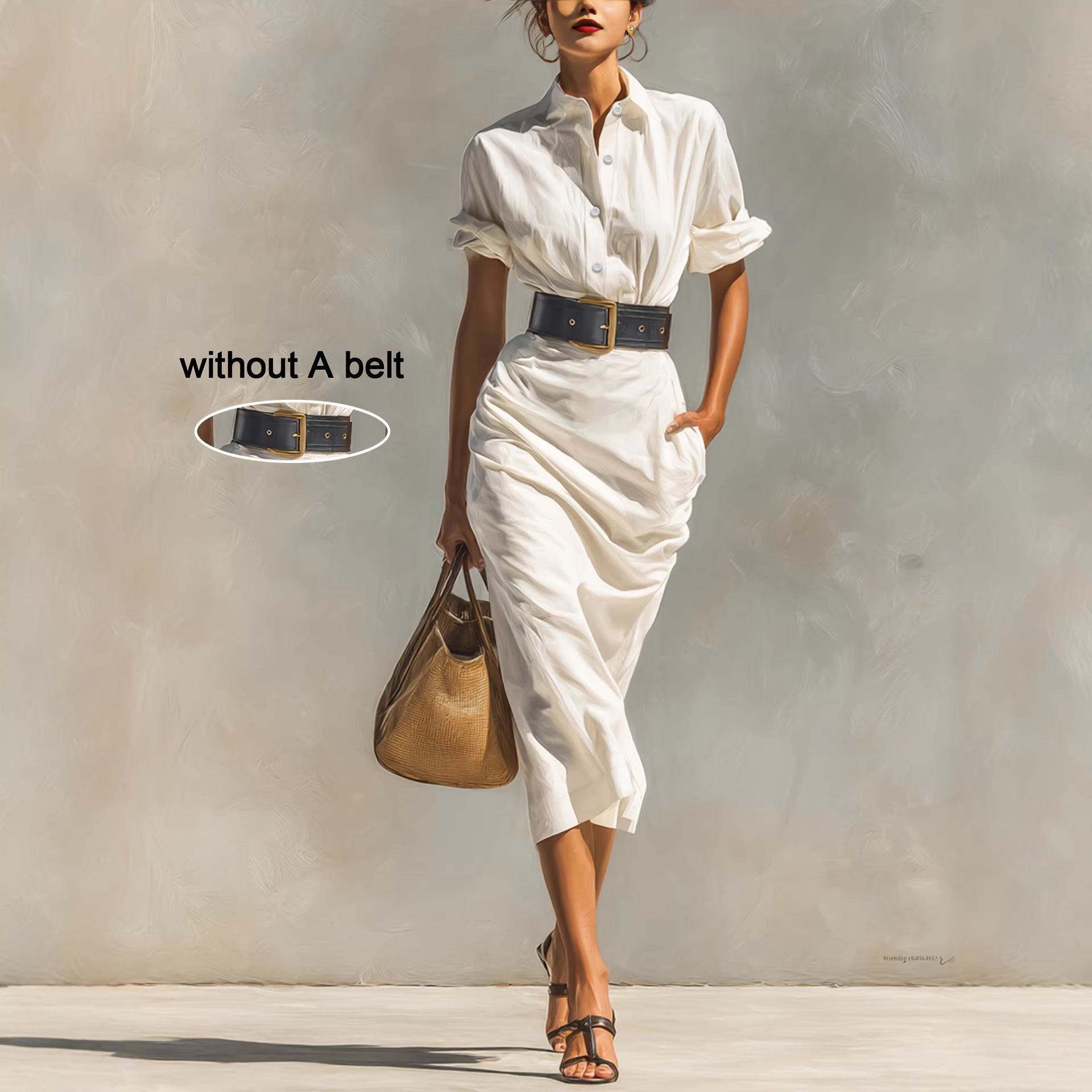 Solid color waist folded shirt long dress