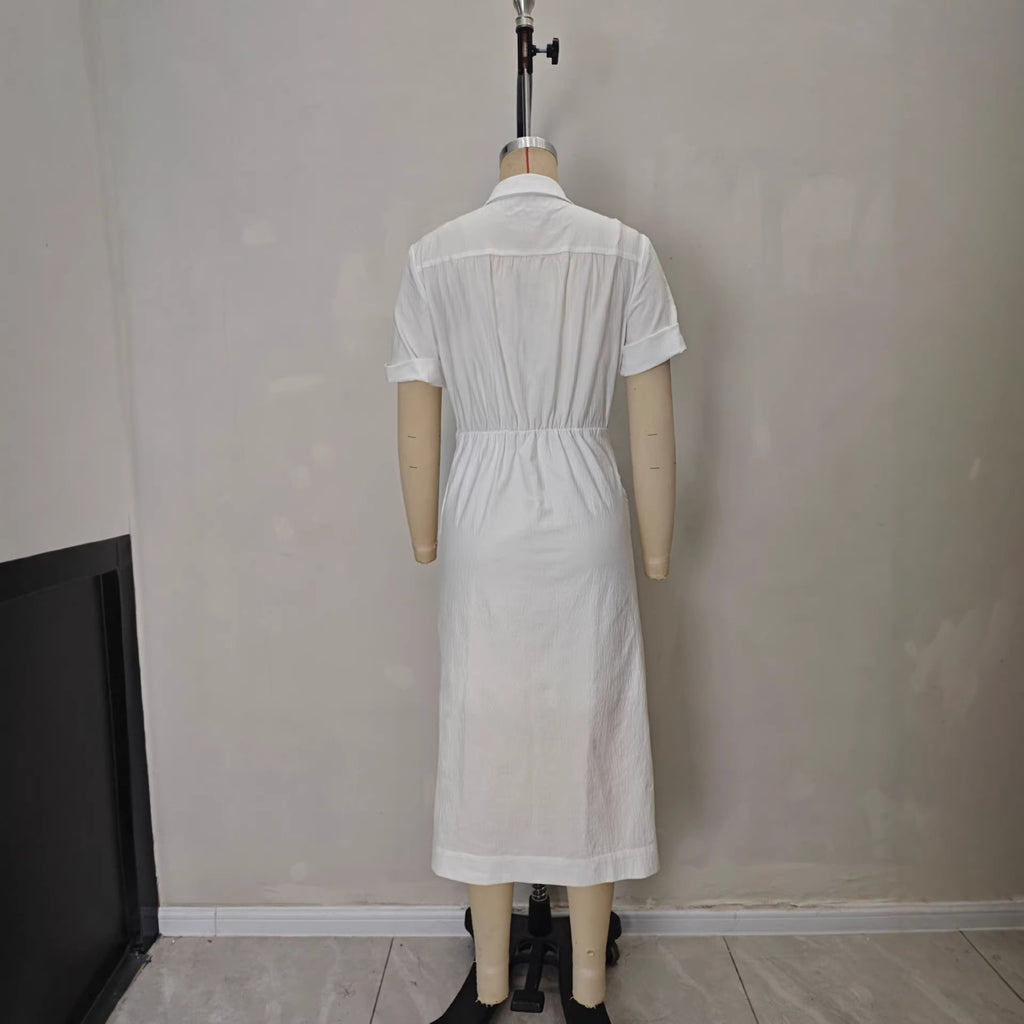 Solid color waist folded shirt long dress