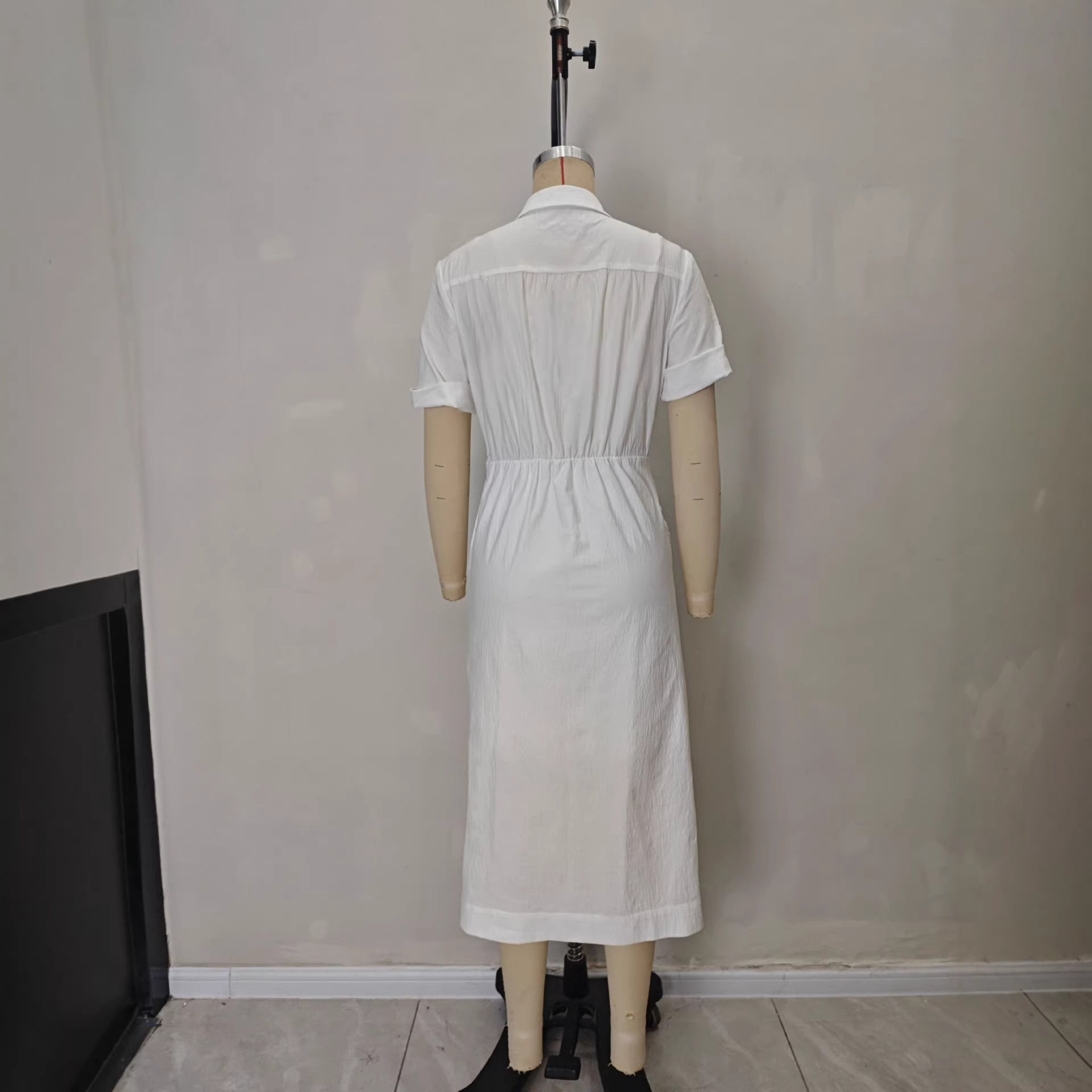 Solid color waist folded shirt long dress
