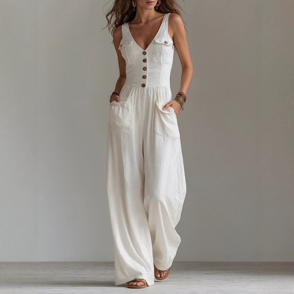 Summer pocket V-neck vest high waisted jumpsuit for women