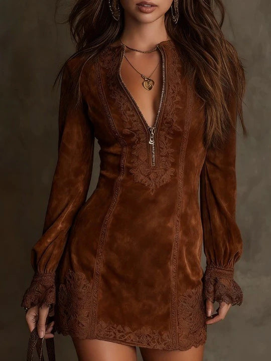 Elegant Long Sleeve Zipper Lace Trim Fitted Midi Dress for Women