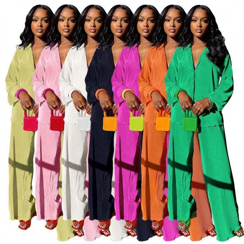 Women's Sets Long Sleeve Shirt Tops Wide Leg Pants Elegant Tracksuit Two Piece Set