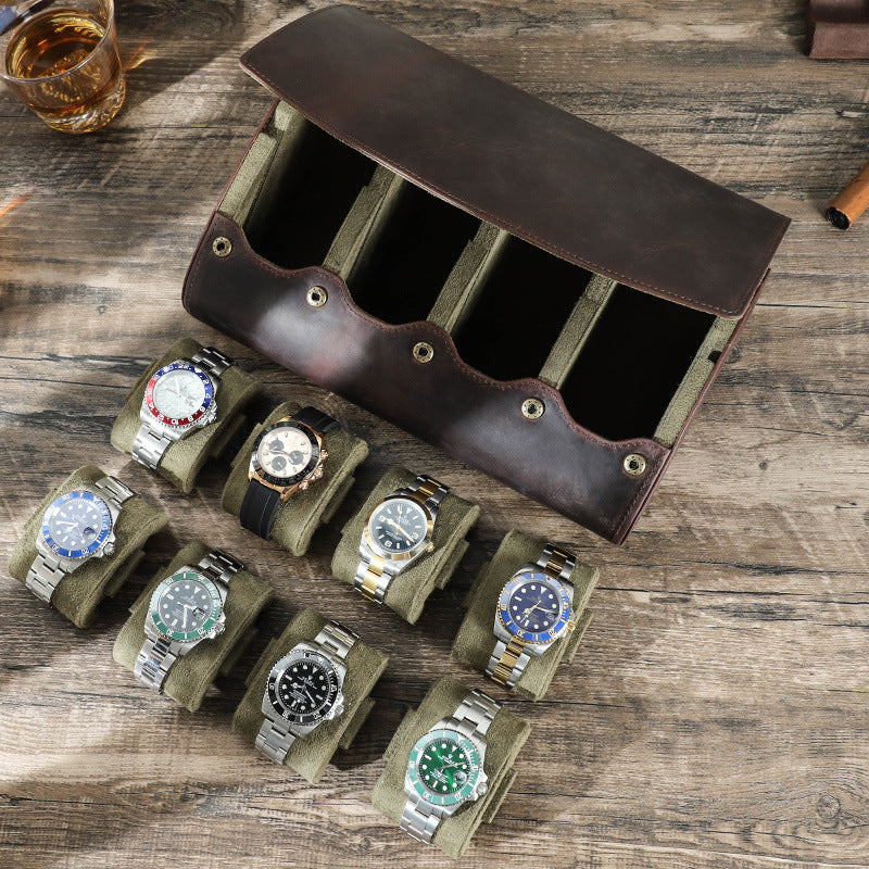 Vintage Crazy Horse Leather 8-Piece Shockproof Watch Storage Box, Portable Genuine Leather Watch Case for Travel