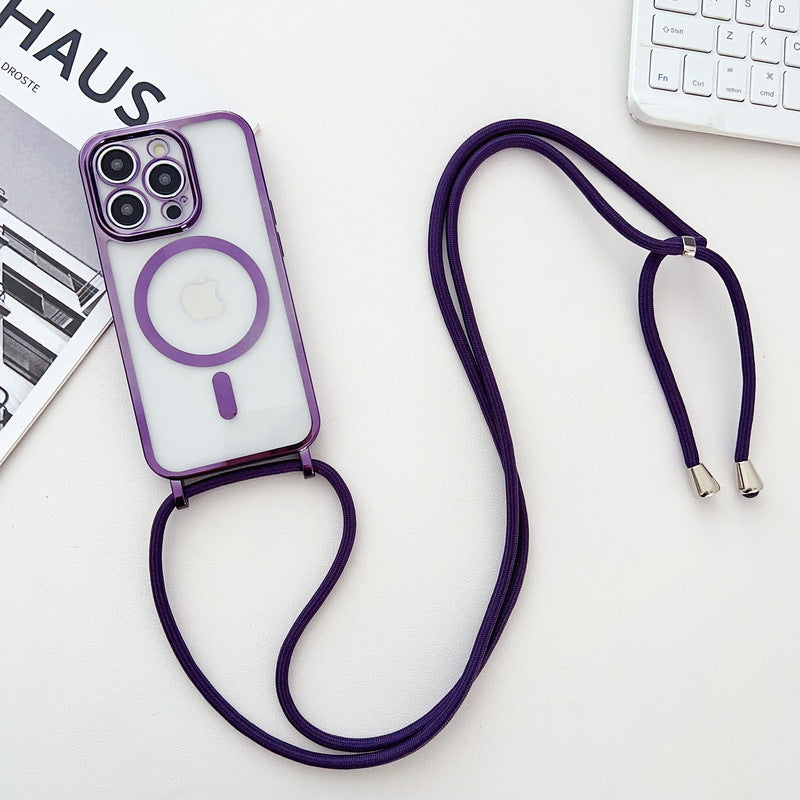 Applicable iPhone 16 Electroplated Lanyard Phone Case 15 Pro Transparent Magnetic Apple 17 Crossbody Shockproof Protective Cover