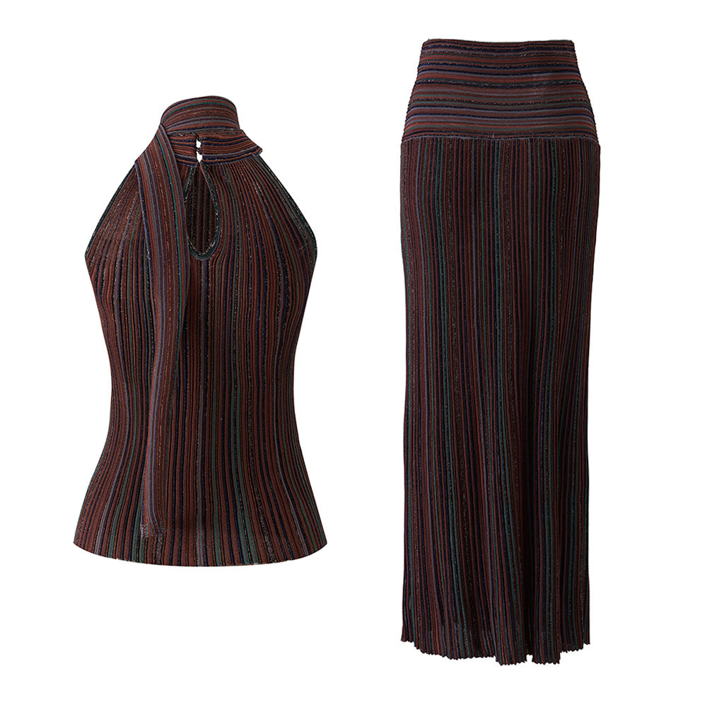 Striped sleeveless vest skirt set