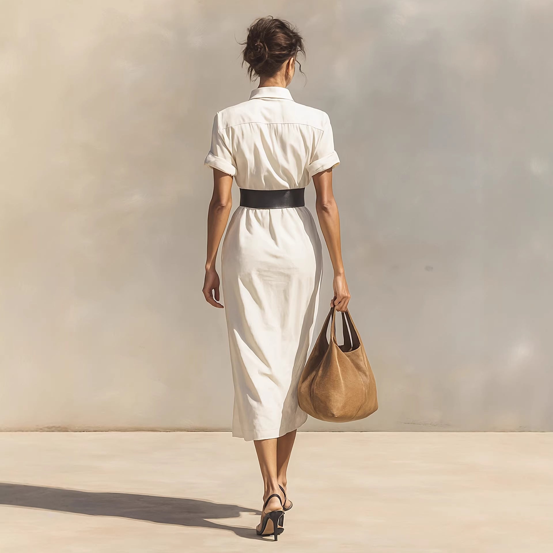 Solid color waist folded shirt long dress
