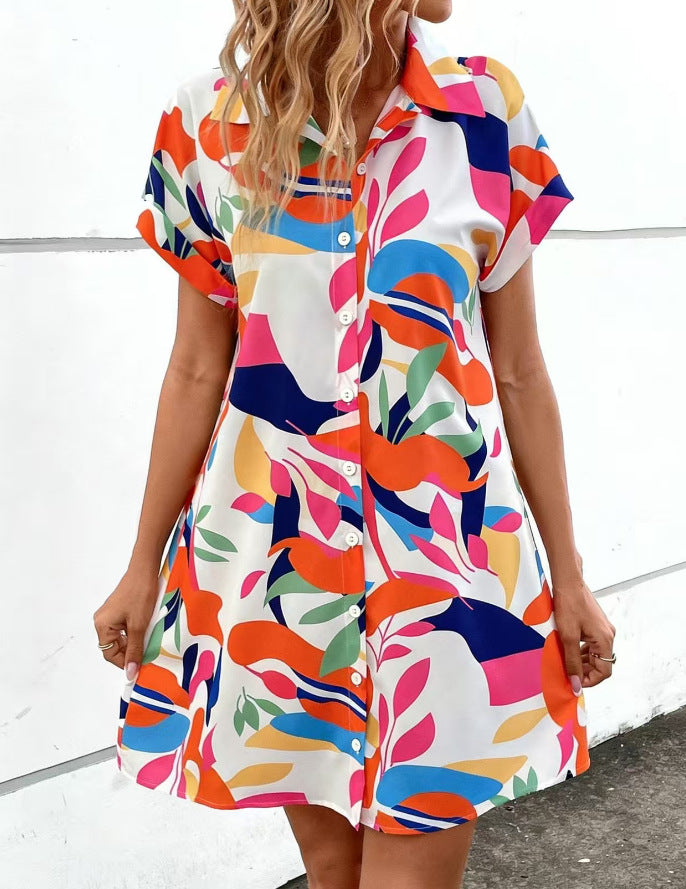 Summer New Fashion Colorful Floral Printed Open Front Short Sleeve Shirt Dress