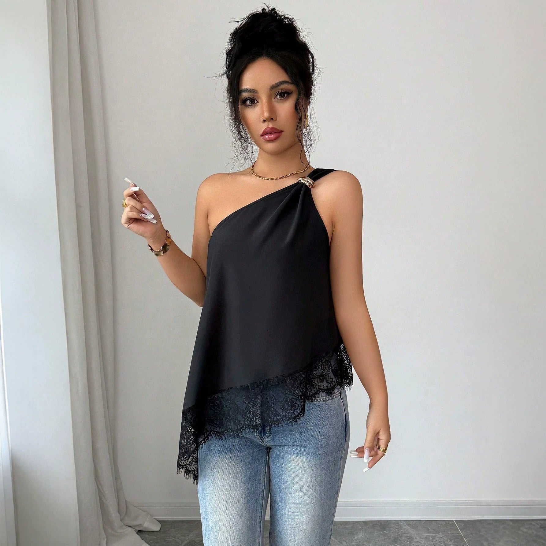 Slanted shoulder metal buckle lace patchwork irregular loose vest for women