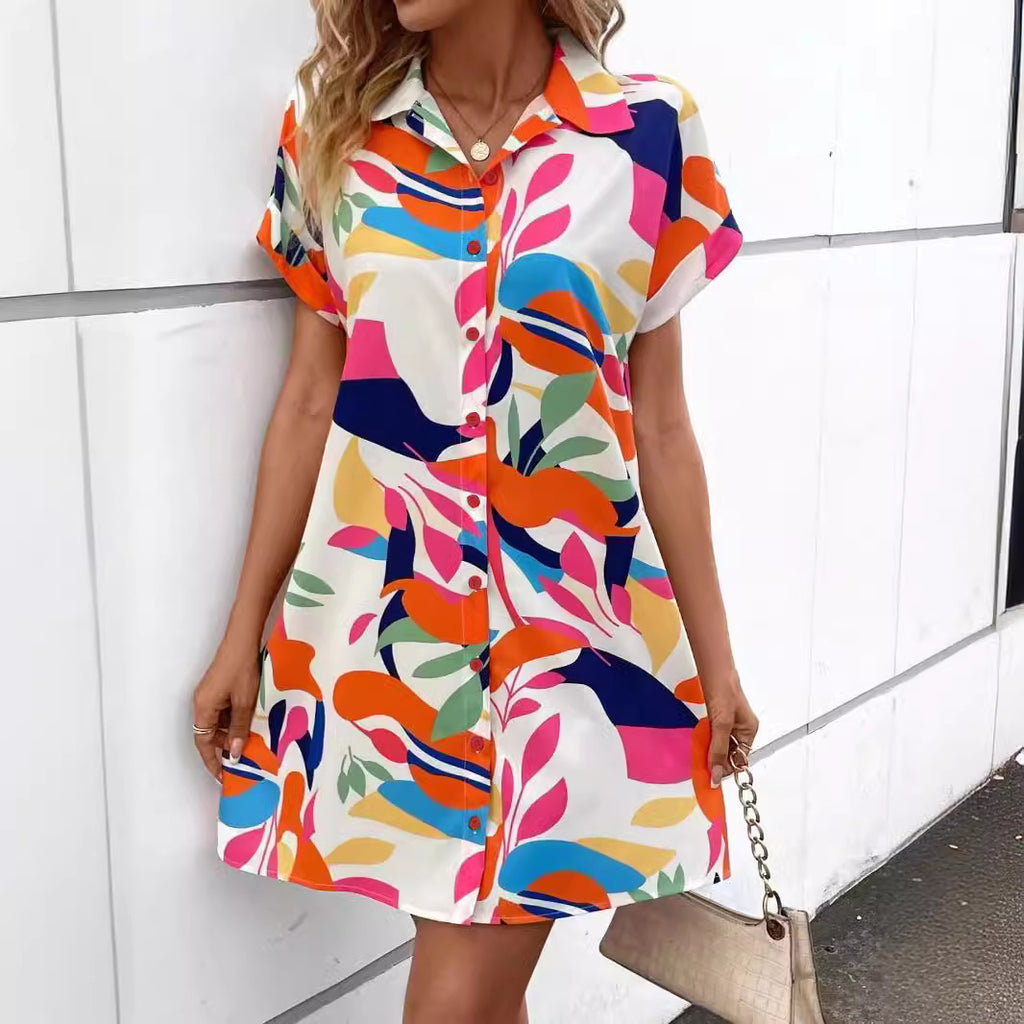 Summer New Fashion Colorful Floral Printed Open Front Short Sleeve Shirt Dress