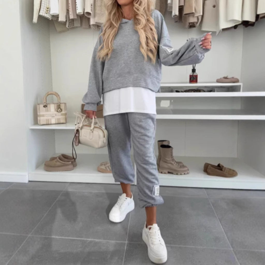 Fashionable Solid Color Casual Hooded Tracksuit Set for Women