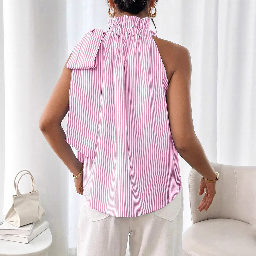Fashionable Casual Sleeveless Striped Lace Trim High Neck Tie Knot T-Shirt Top