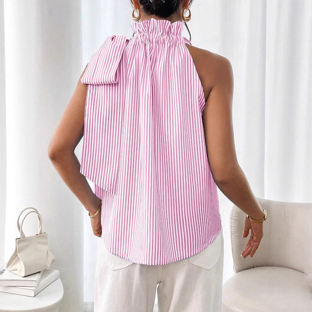 Fashionable Casual Sleeveless Striped Lace Trim High Neck Tie Knot T-Shirt Top