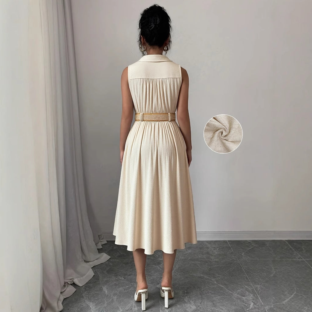 V-neck sleeveless breasted waistband A hem shirt dress for women